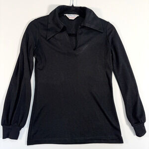 Vintage 70s Lady Manhattan Black Disco Top Polyester Stretch Collared Shirt S